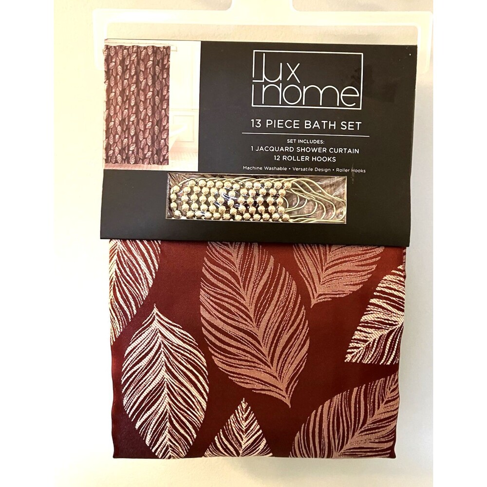 Lux Home Jacquard Shower Curtain With Roller Hooks NWT Leaf Design Fall